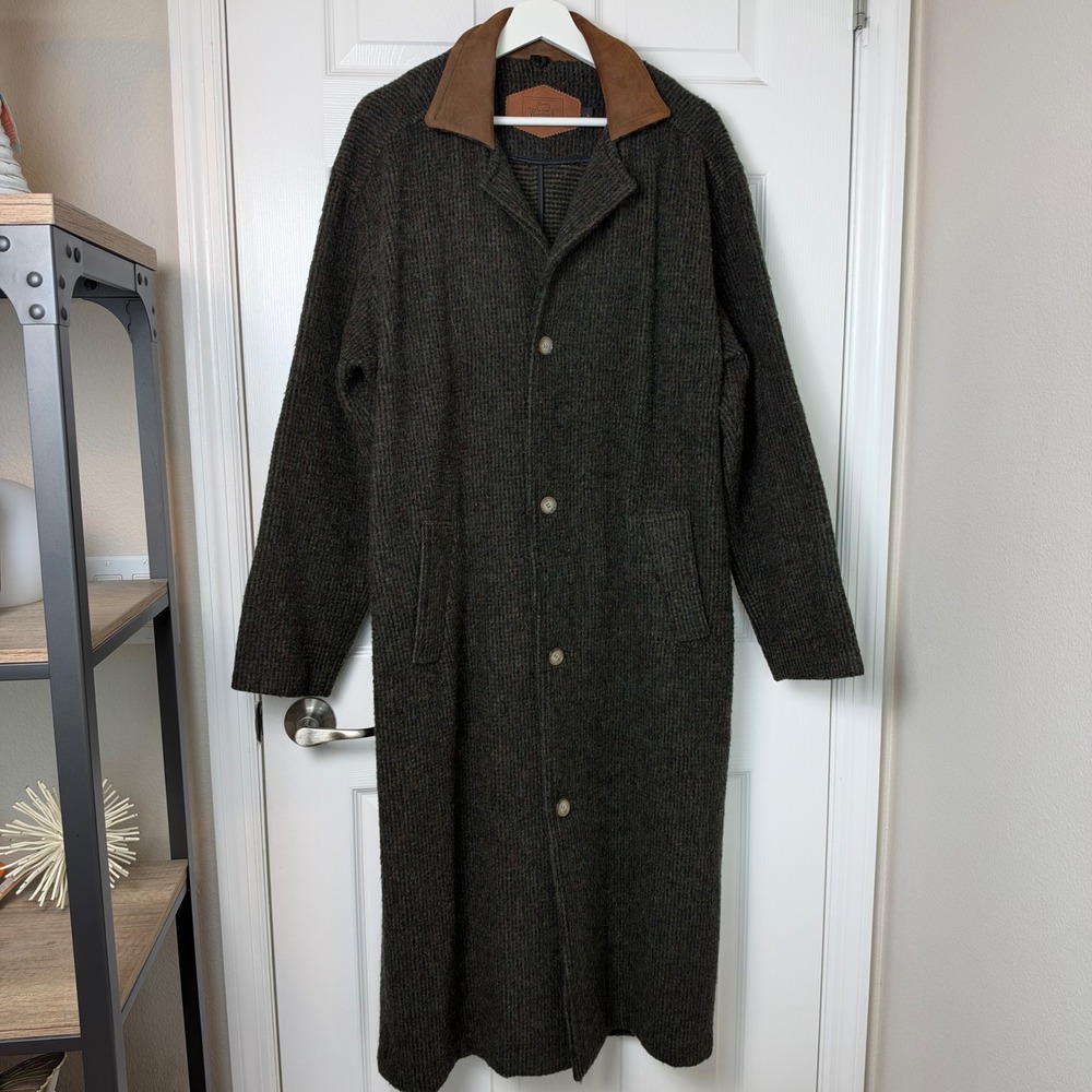 Woolrich Vintage Wool Knit Long Coat Size L Plaid Suede Elbow Patch Duster
